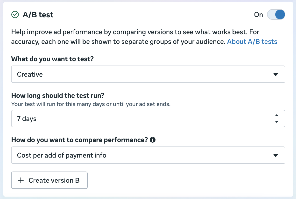 Facebook A/B test configuration in expanded state