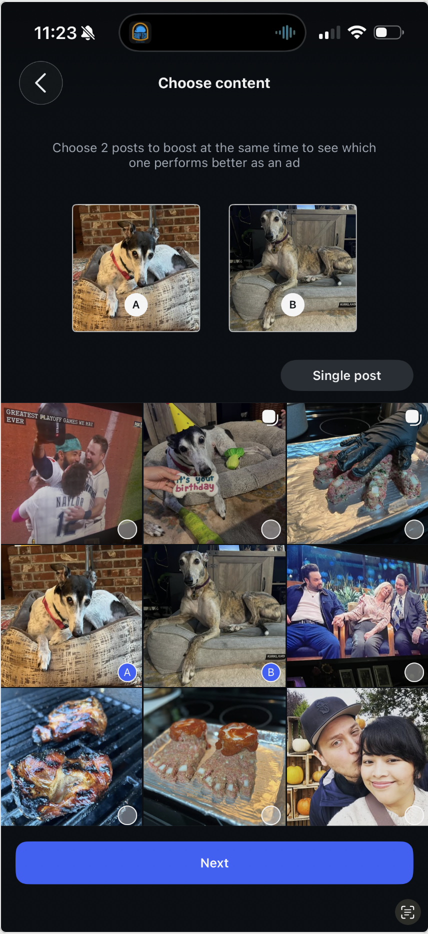 Instagram Compare 2 posts — choose content step