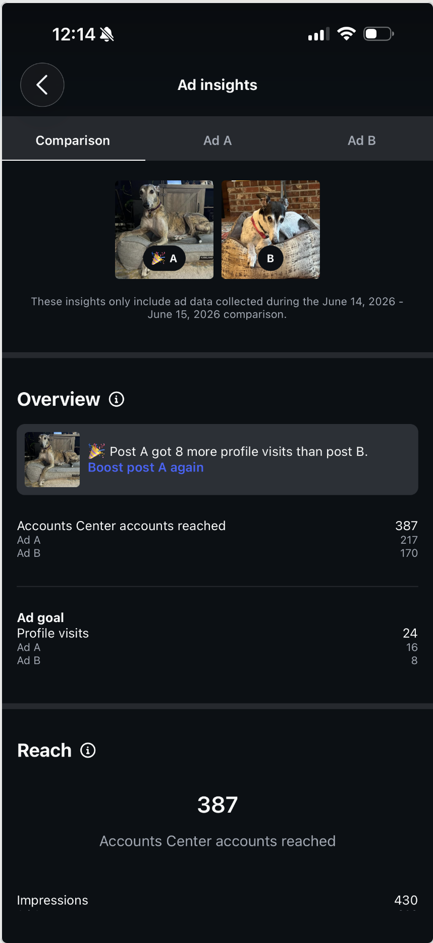 Instagram Ad insights — completed test results