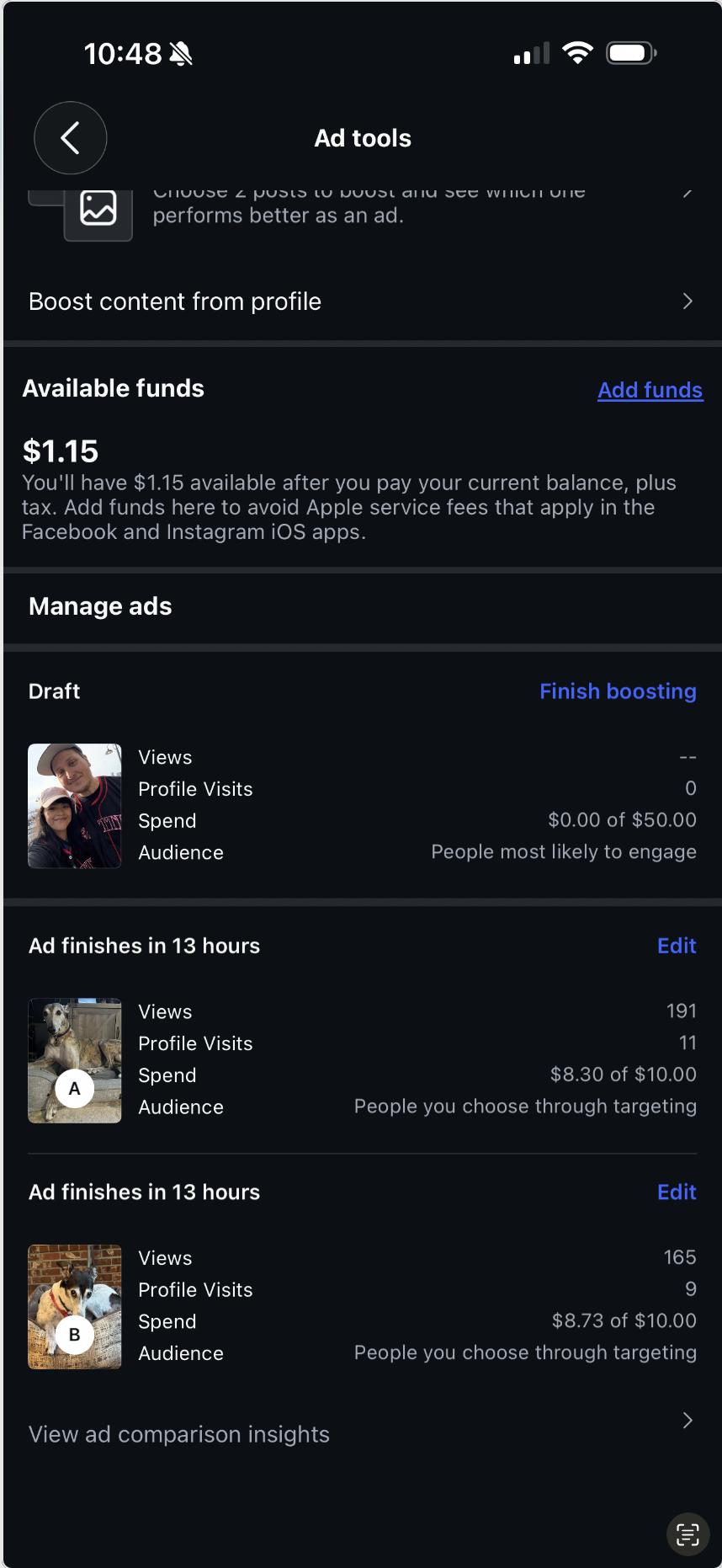 Instagram Ad tools — test in progress