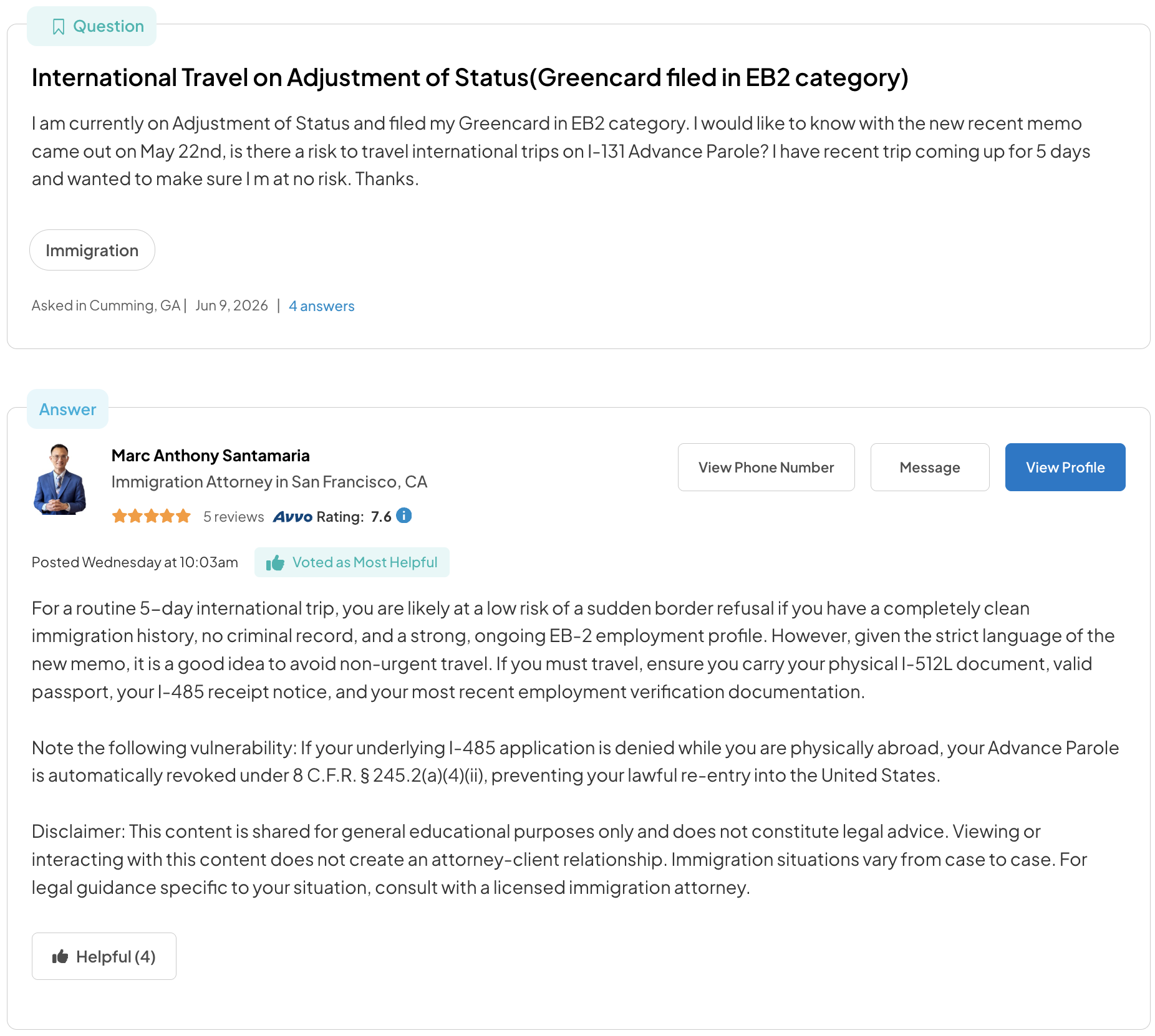 Avvo Q&A page showing a question, lawyer answer, and helpful voting
