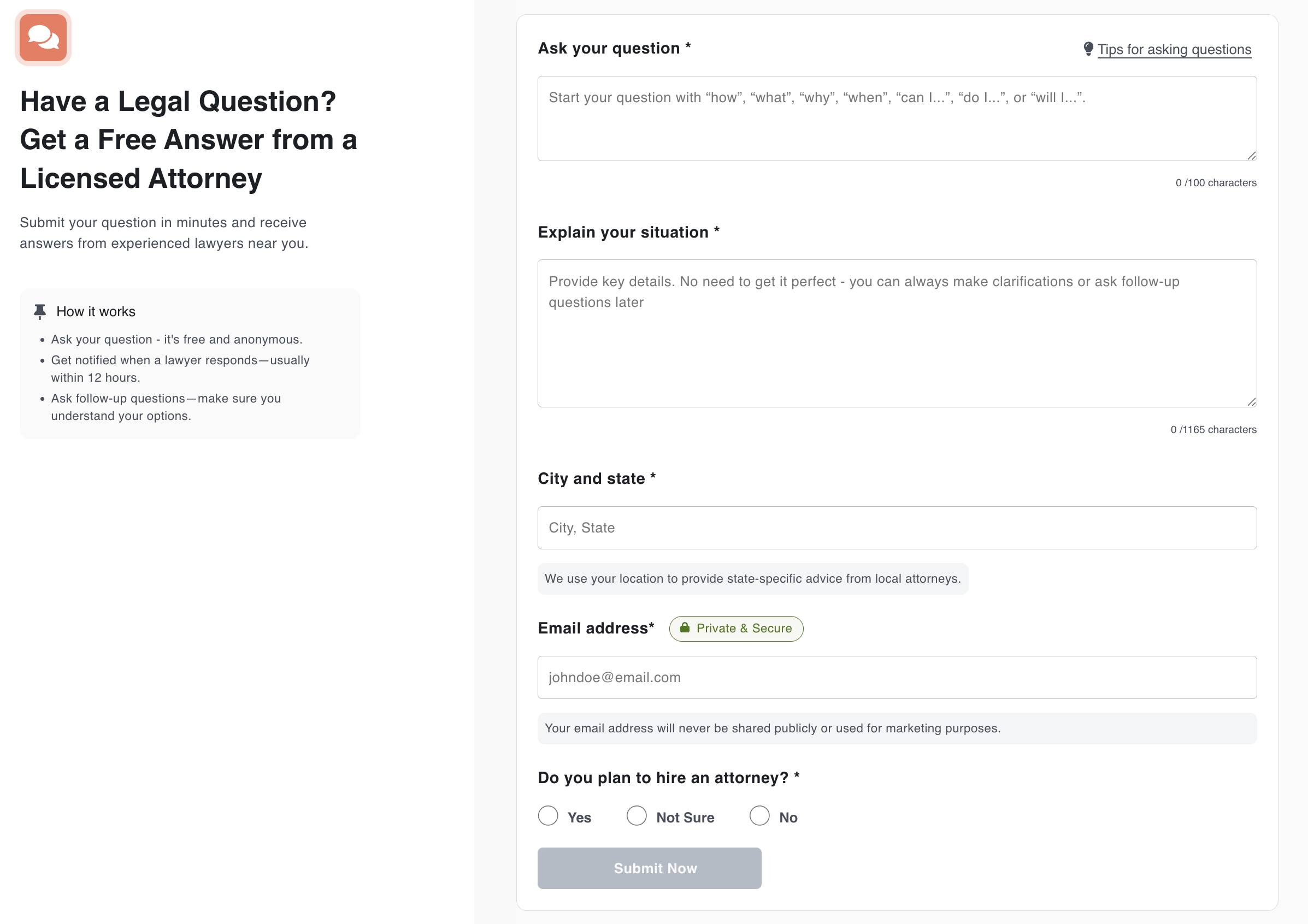 Avvo Ask a Lawyer question submission form